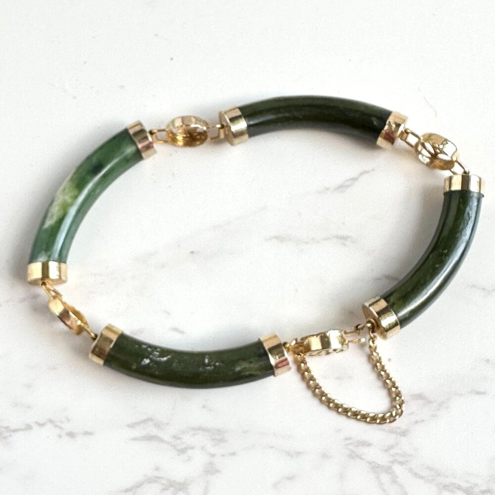 Nephrite Jade Gold Plated Bracelet With Asian Character Links & Safety Chain